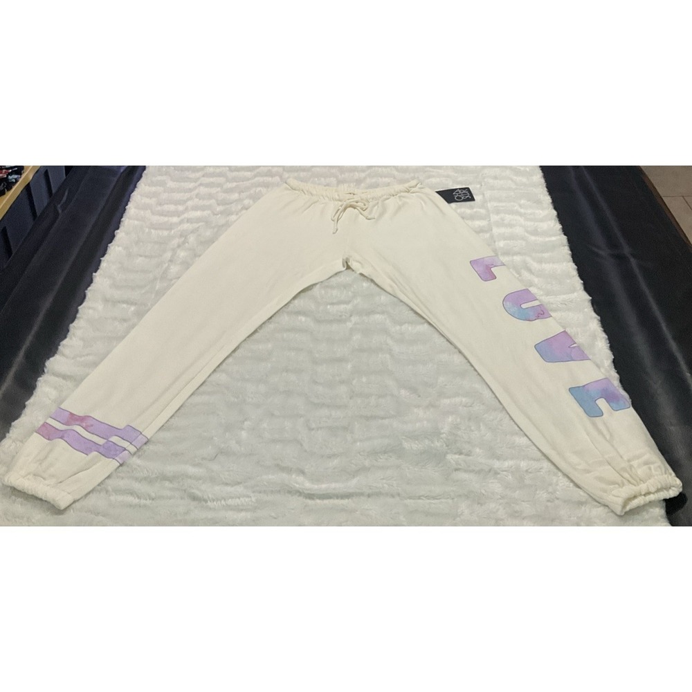 Chaser Women's Medium Cream Love Jogger Sweatpants Graphic Lounge Pants